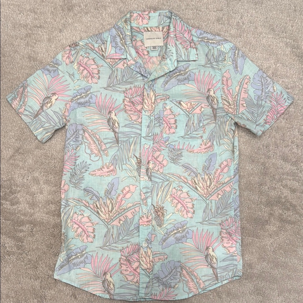American Eagle Outfitters Blue and Pink Casual Button Down Shirt